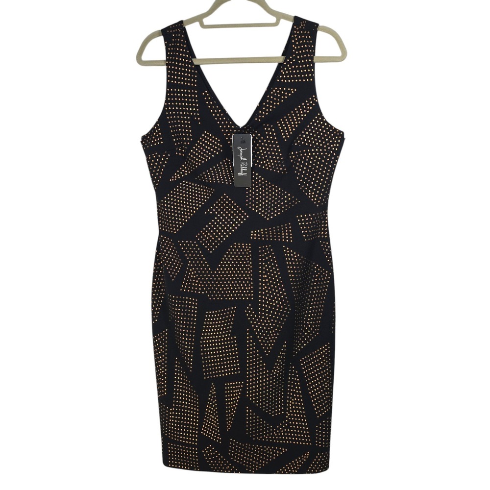 Joseph Ribkoff Black Copper Metallic Studded V-Neck Sheath Dress‎ 184541 Size 10